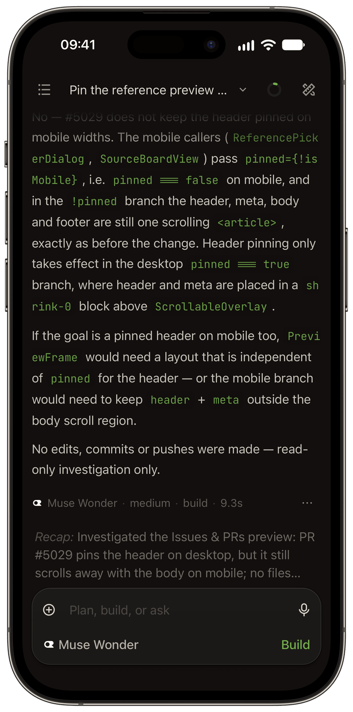 OpenChamber mobile app showing a conversation