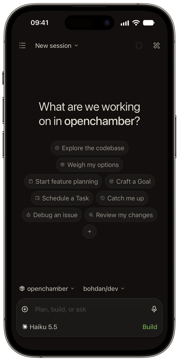 Démarrer une nouvelle session dans l'application mobile OpenChamber