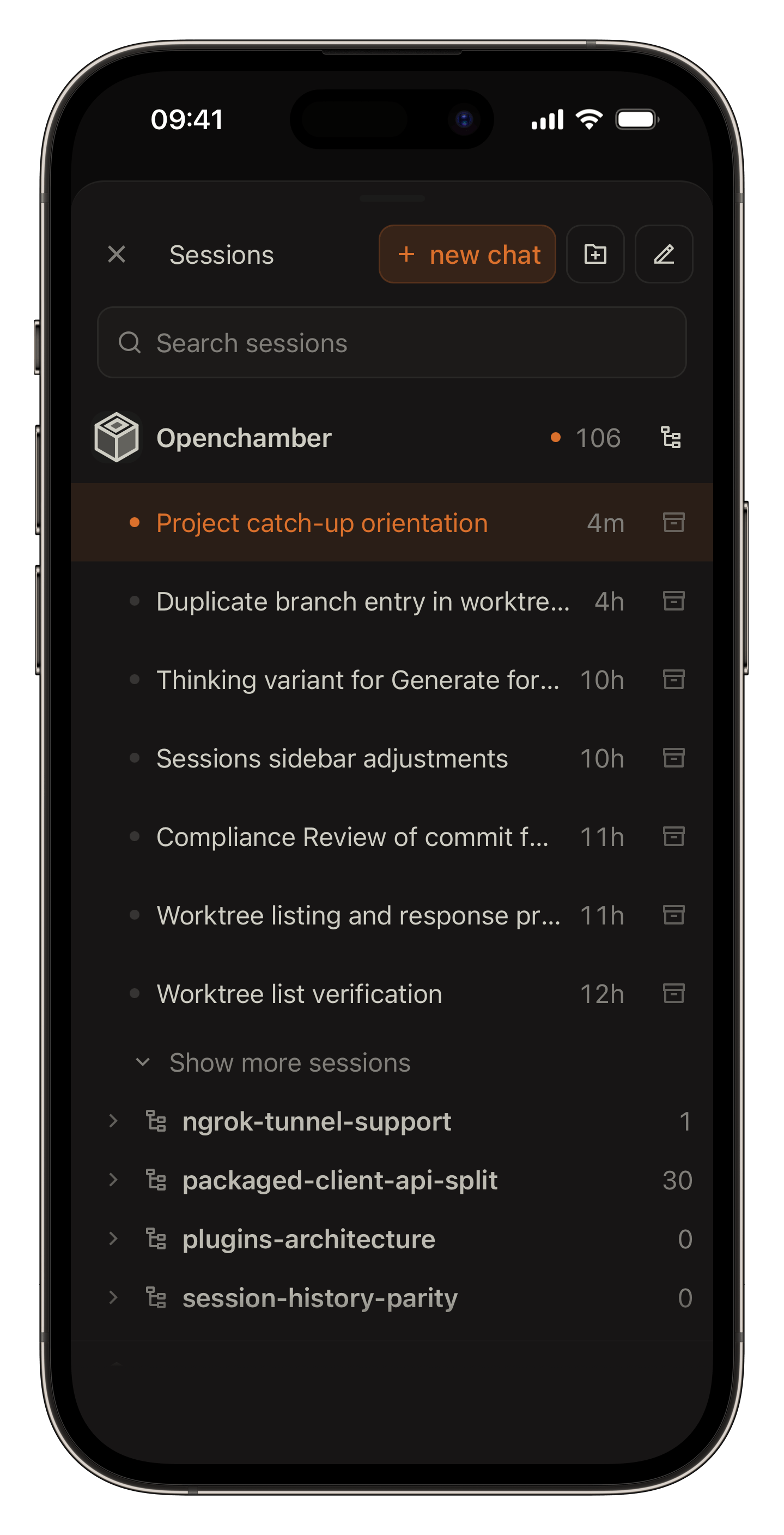 OpenChamber session list on mobile